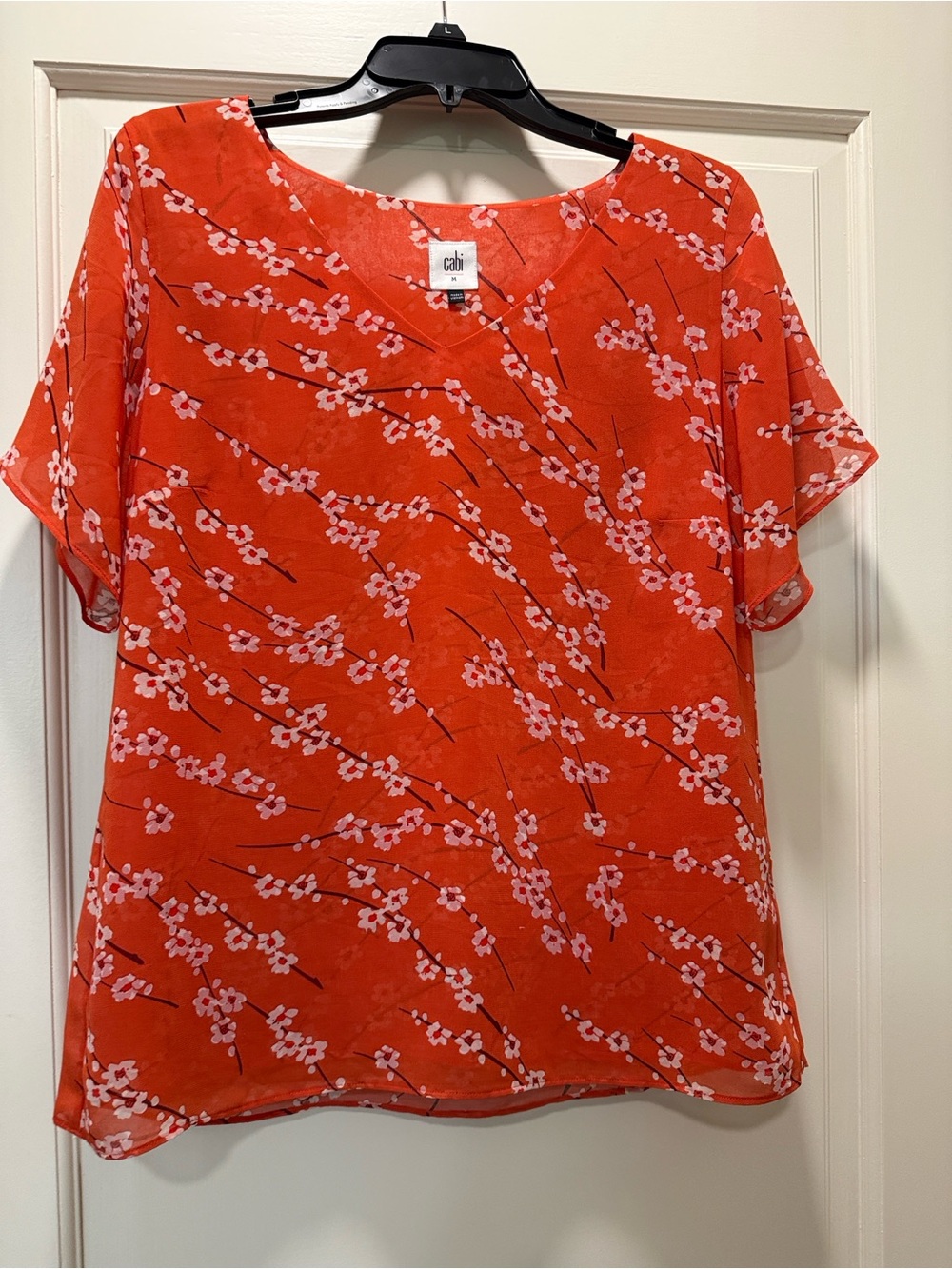 CAbi Orange-Red Short Sleeve Floral Blouse